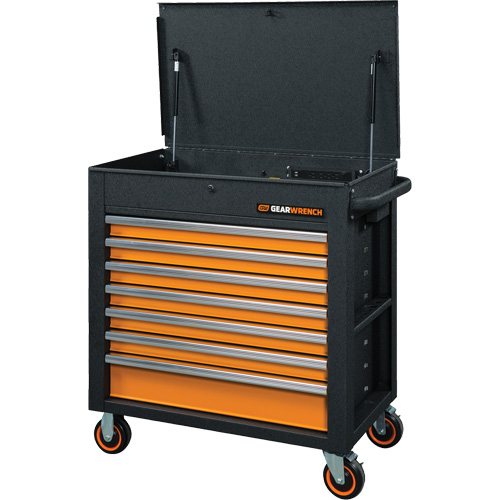 GSX Series Rolling Tool Cart with Tilt Top, 7 Drawers, 35" L x 20" W x 39" H, Black/Orange MAS Chibougamau