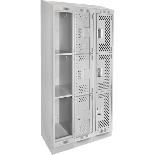 Clean Line Lockers, 3 -tier, Bank of 3, 36" x 18" x 82", Steel, Grey, Rivet (Assembled), Perforated MAS Chibougamau