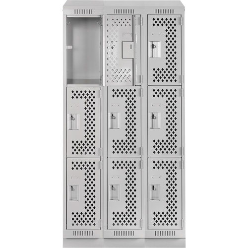 Clean Line Lockers, 3 -tier, Bank of 3, 36" x 18" x 82", Steel, Grey, Rivet (Assembled), Perforated MAS Chibougamau