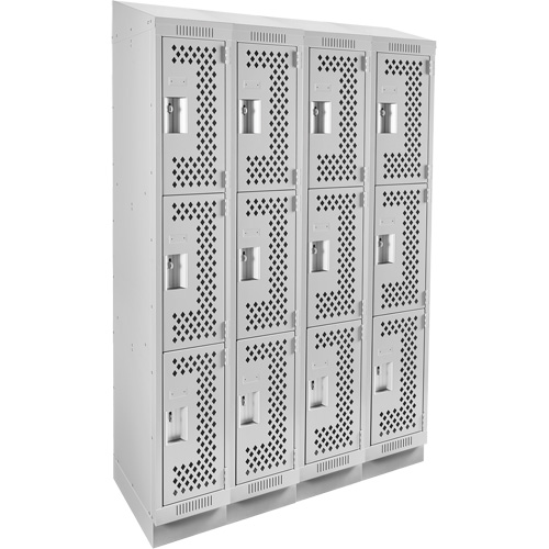 Clean Line Lockers, 3 -tier, Bank of 4, 48" x 18" x 82", Steel, Grey, Rivet (Assembled), Perforated MAS Chibougamau
