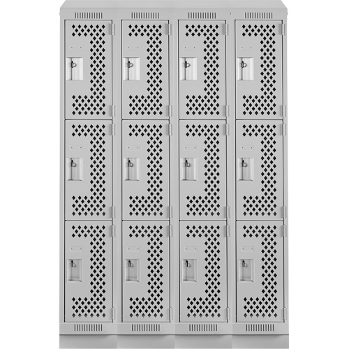 Clean Line Lockers, 3 -tier, Bank of 4, 48" x 18" x 82", Steel, Grey, Rivet (Assembled), Perforated MAS Chibougamau