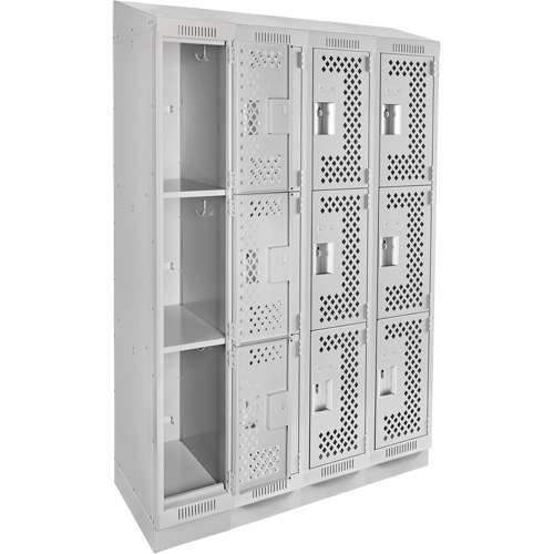 Clean Line Lockers, 3 -tier, Bank of 4, 48" x 18" x 82", Steel, Grey, Rivet (Assembled), Perforated MAS Chibougamau