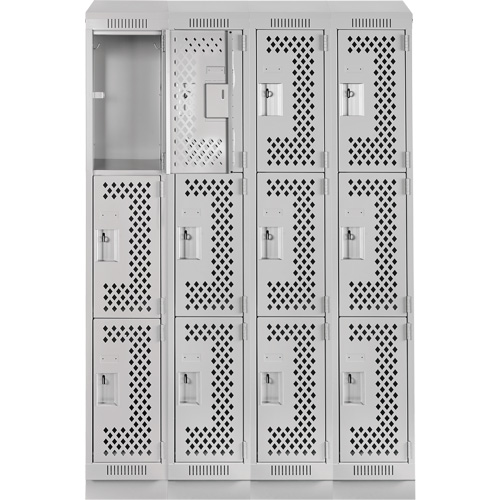 Clean Line Lockers, 3 -tier, Bank of 4, 48" x 18" x 82", Steel, Grey, Rivet (Assembled), Perforated MAS Chibougamau