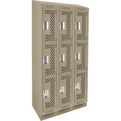 Clean Line Lockers, 3 -tier, Bank of 3, 36" x 18" x 82", Steel, Beige, Rivet (Assembled), Perforated MAS Chibougamau