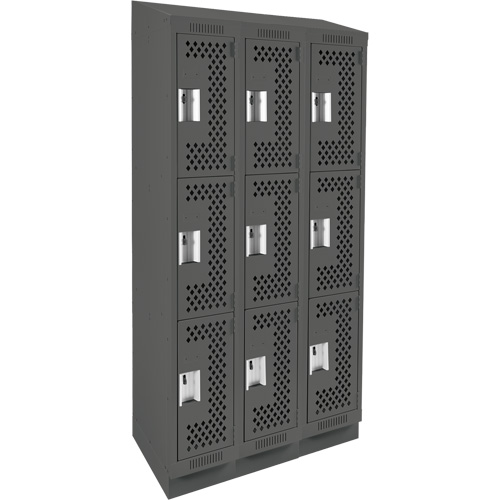 Clean Line Lockers, 3 -tier, Bank of 3, 36" x 18" x 82", Steel, Charcoal, Rivet (Assembled), Perforated MAS Chibougamau