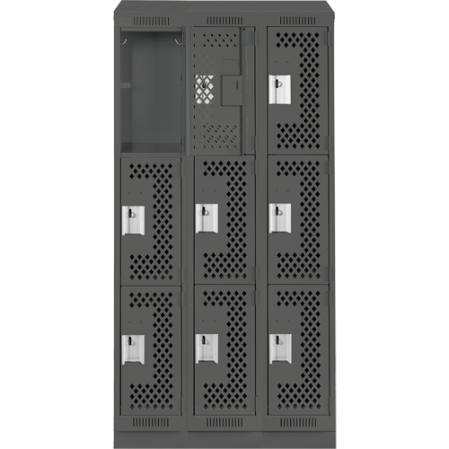 Clean Line Lockers, 3 -tier, Bank of 3, 36" x 18" x 82", Steel, Charcoal, Rivet (Assembled), Perforated MAS Chibougamau