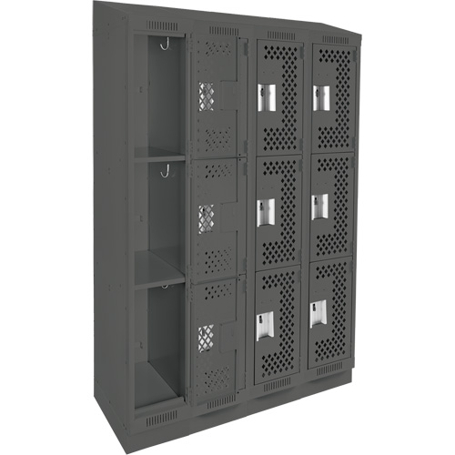 Clean Line Lockers, 3 -tier, Bank of 4, 48" x 18" x 82", Steel, Charcoal, Rivet (Assembled), Perforated MAS Chibougamau