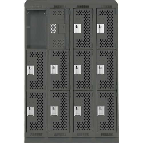 Clean Line Lockers, 3 -tier, Bank of 4, 48" x 18" x 82", Steel, Charcoal, Rivet (Assembled), Perforated MAS Chibougamau
