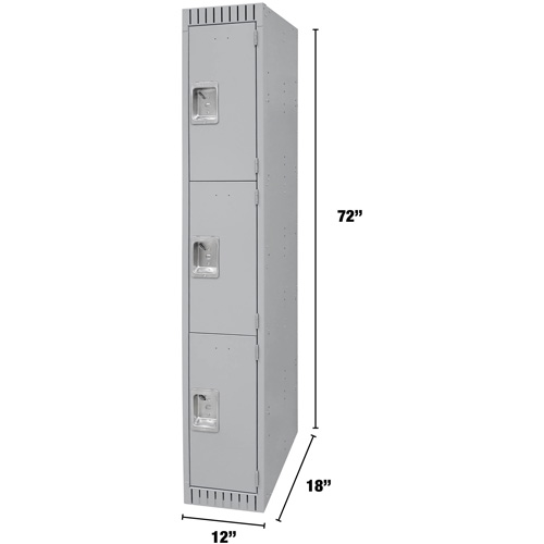 Lockers, 3 -tier, 12" x 18" x 72", Steel, Grey, Knocked Down MAS Chibougamau