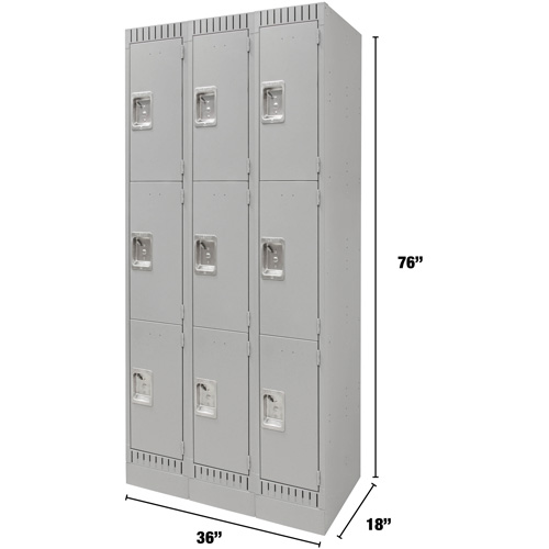 Lockers, 3 -tier, Bank of 3, 36" x 18" x 76", Steel, Grey, Knocked Down MAS Chibougamau