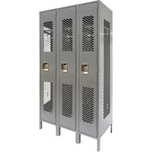 Vented Lockers, Bank of 3, 36" x 18" x 78", Steel, Grey, Knocked Down, Perforated MAS Chibougamau