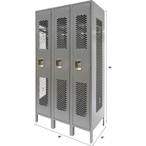 Vented Lockers, Bank of 3, 36" x 18" x 78", Steel, Grey, Knocked Down, Perforated MAS Chibougamau