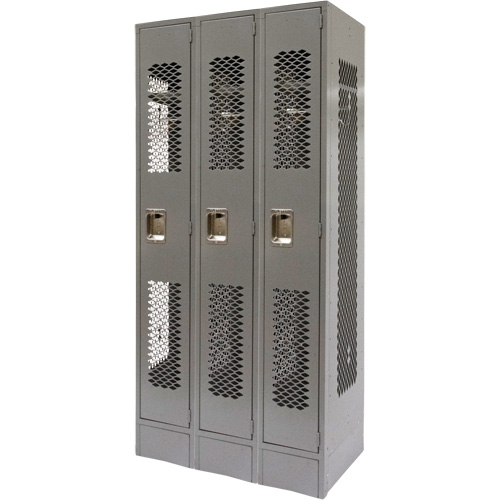 Vented Lockers, Bank of 3, 36" x 18" x 78", Steel, Grey, Knocked Down, Perforated MAS Chibougamau