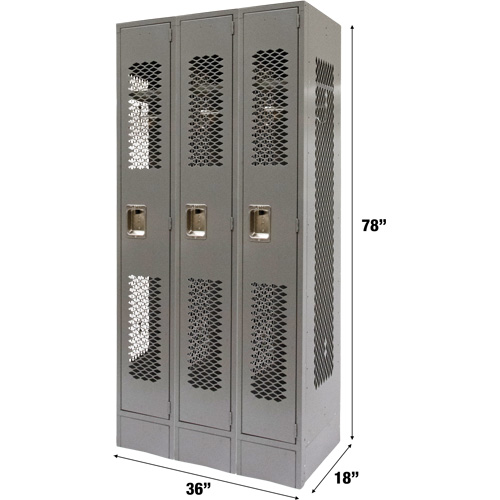 Vented Lockers, Bank of 3, 36" x 18" x 78", Steel, Grey, Knocked Down, Perforated MAS Chibougamau