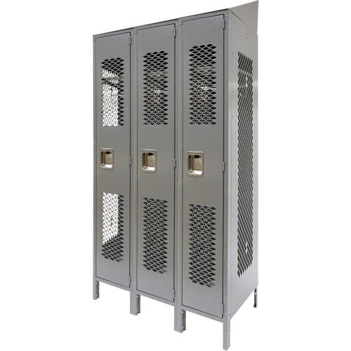 Vented Lockers, Bank of 3, 36" x 18" x 88", Steel, Grey, Knocked Down, Perforated MAS Chibougamau
