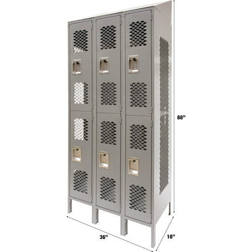 Vented Lockers, 2 -tier, Bank of 3, 36" x 18" x 88", Steel, Grey, Knocked Down, Perforated MAS Chibougamau