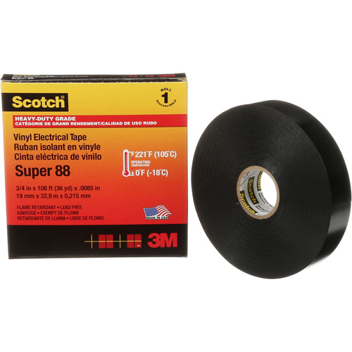 Ruban isolant Super 88 de calibre professionnel Scotch, 19 mm (3/4") la x 32,9 m (108') lo, 8,5 mils, Noir MAS Chibougamau