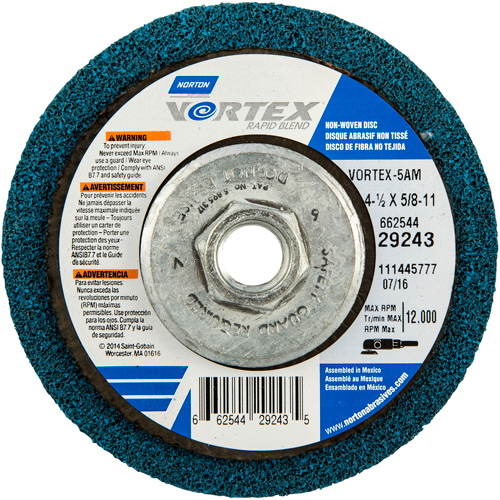 Vortex Rapid Blend Non-Woven Depressed Center Abrasive Disc, 4-1/2" Dia., 100-120 Grit, Aluminum Oxide MAS Chibougamau