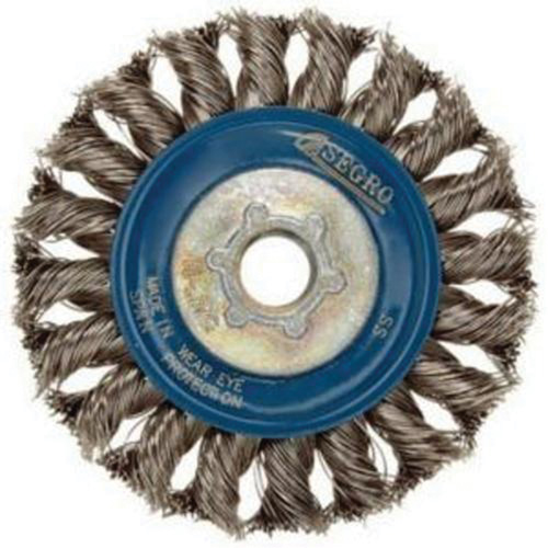 Full Cable Twist Wire Wheel, 5" Dia., 0.02" Fill, 5/8"-11 Arbor, Stainless Steel MAS Chibougamau