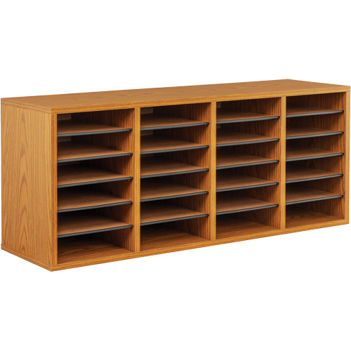 Adjustable Compartment Literature Organizer, Stationary, 24 Slots, Wood, 39-1/4" W x 11-3/4" D x 16-1/4" H MAS Chibougamau