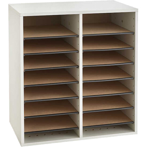 Adjustable Compartment Literature Organizer, Stationary, 16 Slots, Wood, 19-1/2" W x 11-3/4" D x 21" H MAS Chibougamau