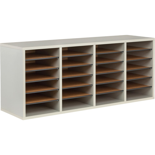 Adjustable Compartment Literature Organizer, Stationary, 24 Slots, Wood, 39-1/4" W x 11-3/4" D x 16-1/4" H MAS Chibougamau