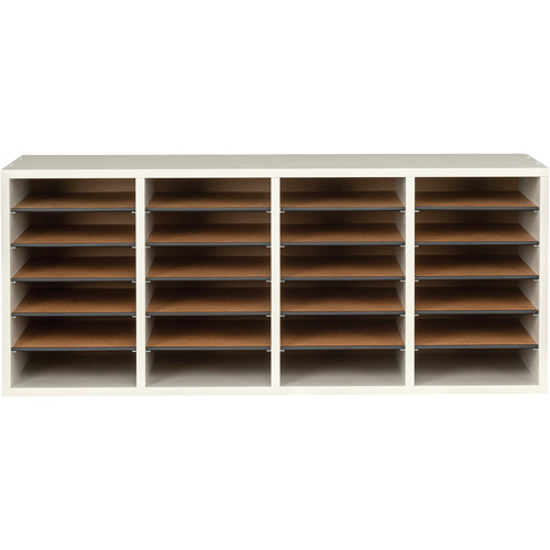 Adjustable Compartment Literature Organizer, Stationary, 24 Slots, Wood, 39-1/4" W x 11-3/4" D x 16-1/4" H MAS Chibougamau