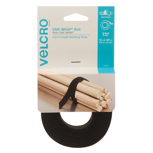 One-Wrap&reg; Fastener Tape, Hook & Loop, 12' x 3/4", Self-Grip, Black MAS Chibougamau