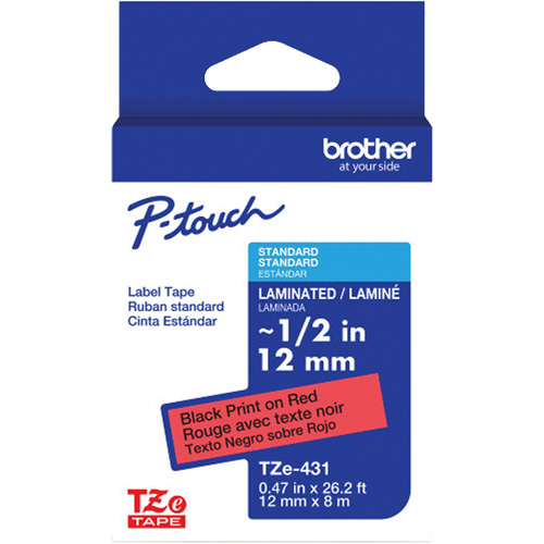 Ruban lamin&eacute; TZe-431 pour &eacute;tiqueteuses P-Touch compatibles avec les rubans TZe, 12 mm x 8 m, Noir/rouge MAS Chibougamau