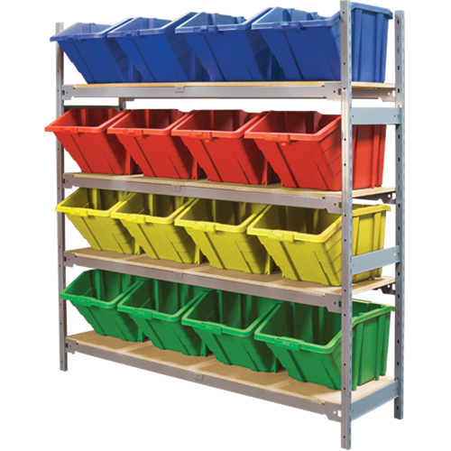 Wide Span Shelving with Jumbo Plastic Bins, Steel, Boltless, 800 lbs. Capacity, 66" W x 72" H x 18" D MAS Chibougamau