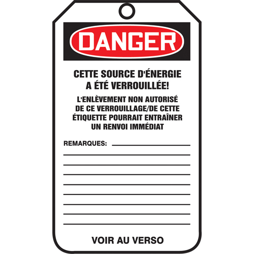 &eacute;tiquettes de verrouillage, Papier cartonn&eacute;, 3-1/8" la x 5-7/8" h, Français MAS Chibougamau