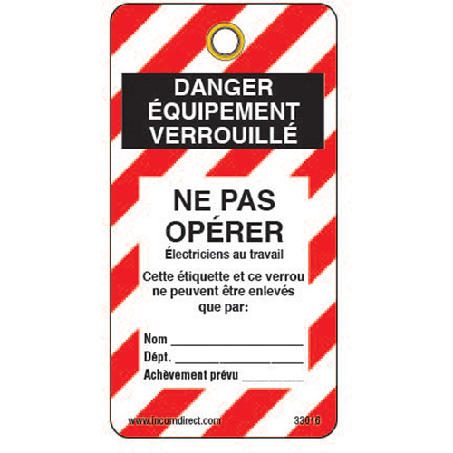 &eacute;tiquettes de verrouillage, Plastique, 3" la x 5-3/4" h, Français MAS Chibougamau