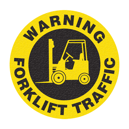 Panneau de signalisation au sol  Warning Forklift Traffic , Adh&eacute;sif, Anglais avec pictogramme MAS Chibougamau