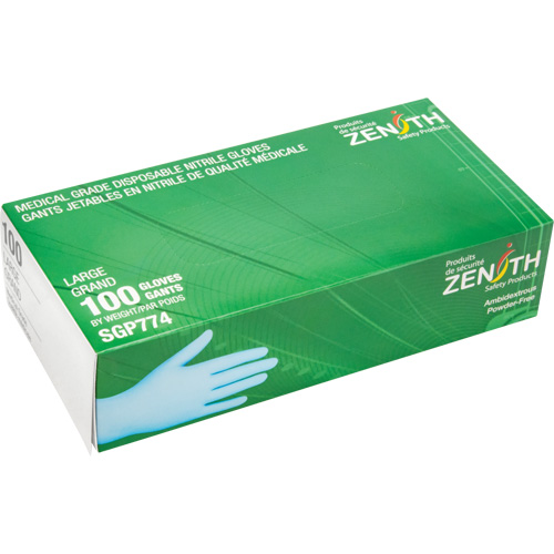 Puncture-Resistant Medical-Grade Disposable Gloves, Large, Nitrile, 4.5-mil, Powder-Free, Blue, Class 2 MAS Chibougamau