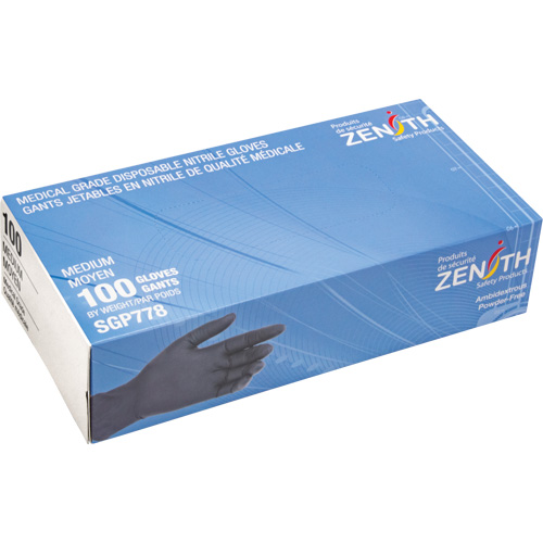 Gants jetables de calibre m&eacute;dical r&eacute;sistants &agrave; la perforation, Moyen, Nitrile, 5 mils, Sans poudre, Noir, Classe 2 MAS Chibougamau