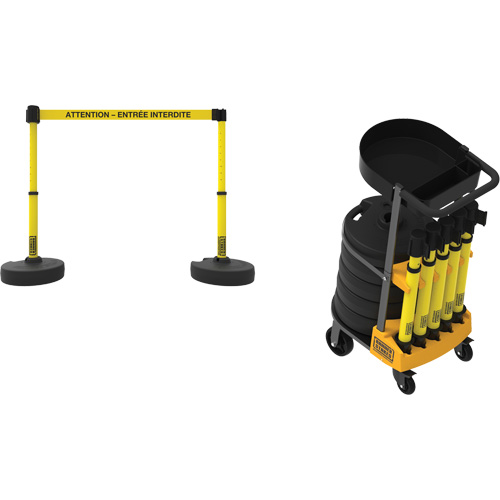 Syst&egrave;me de barri&egrave;re &agrave; chariot portatif avec plateau Plus, 75' lo, M&eacute;tal/Plastique, Jaune MAS Chibougamau