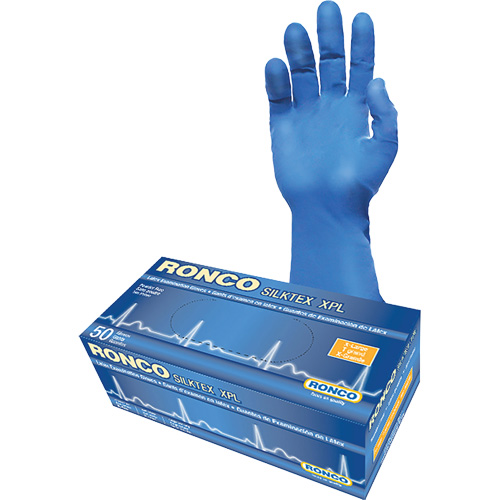 Gant d'examen extra long SilkTex XPL, T-Grand, Latex, 13 mils, Sans poudre, Bleu, Classe 2 MAS Chibougamau
