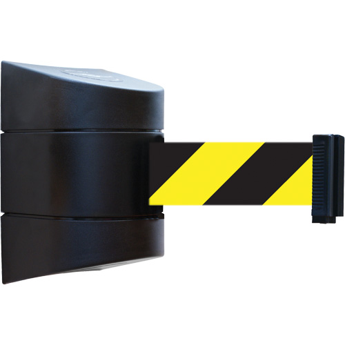 Tensabarrier&reg; Wall Unit, Steel, Screw Mount, 30', Black and Yellow Tape MAS Chibougamau