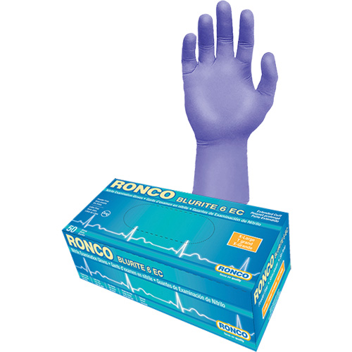 Gants d'examen &agrave; manchette allong&eacute;e Blurite 6 EC, Petit, Nitrile, 6 mils, Sans poudre, Mauve, Classe 2 MAS Chibougamau