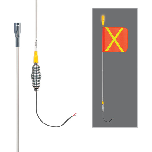 Tiges de s&eacute;curit&eacute; tout-temps de s&eacute;rie lourde avec lumi&egrave;re DEL constante Safety Whip, Fixation Ressort, Hauteur 3', Orange avec X r&eacute;fl&eacute;chissant MAS Chibougamau