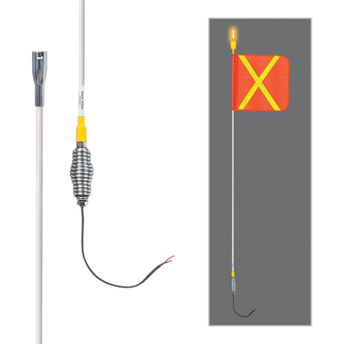 Tiges de s&eacute;curit&eacute; tout-temps de s&eacute;rie lourde avec lumi&egrave;re DEL constante Safety Whip, Fixation Ressort, Hauteur 5', Orange avec X r&eacute;fl&eacute;chissant MAS Chibougamau