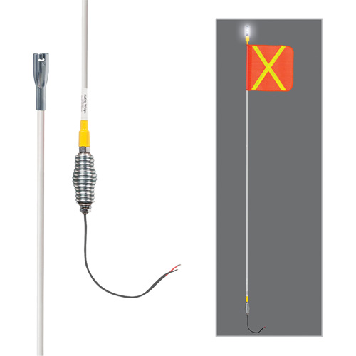 Tiges de s&eacute;curit&eacute; tout-temps de s&eacute;rie lourde avec lumi&egrave;re DEL constante Safety Whip, Fixation Ressort, Hauteur 5', Orange avec X r&eacute;fl&eacute;chissant MAS Chibougamau