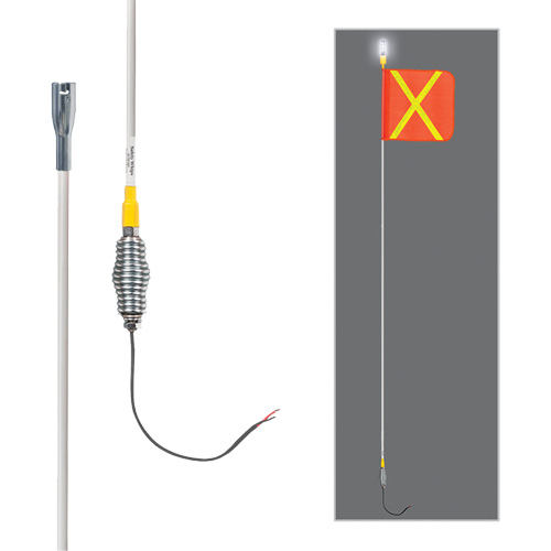 Tiges de s&eacute;curit&eacute; tout-temps de s&eacute;rie lourde avec lumi&egrave;re DEL constante Safety Whip, Fixation Ressort, Hauteur 10', Orange avec X r&eacute;fl&eacute;chissant MAS Chibougamau