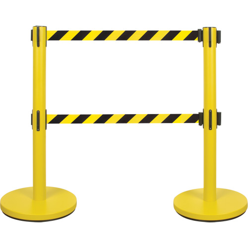 Barri&egrave;re pour le contr&ocirc;le des foules &agrave; courroie double, Acier, 35" h, Ruban Noir/Jaune, Longueur du ruban 7' MAS Chibougamau