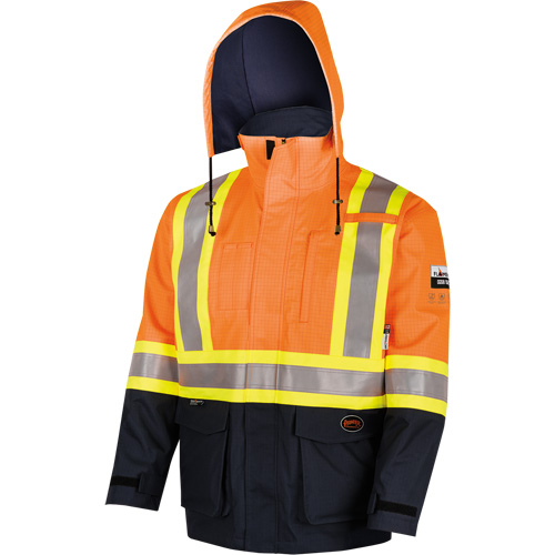 4484 Manteau de s&eacute;curit&eacute; Defender antistatique/ignifuge/anti-arc &eacute;lectrique en trilamin&eacute;, Petit, Noir/Orange haute visibilit&eacute;, 11 cal/cm² MAS Chibougamau