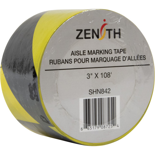 Aisle Marking Tape, 3" x 108', PVC, Black and Yellow MAS Chibougamau