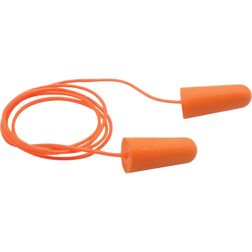 Bouchons d'oreilles coniques jetables en mousse de PU orange SEALTEC33, Vrac - Sac en poly, Avec cordon MAS Chibougamau