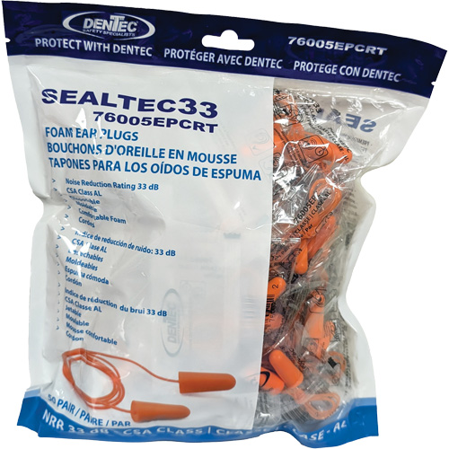SEALTEC33 Orange Tapered PU Foam Disposable Earplugs, Bulk - Polybag, Corded MAS Chibougamau