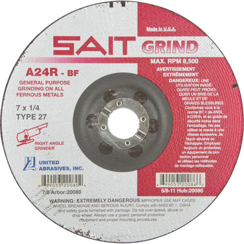 A24R Long Life Grinding Wheel, 7" x 1/4", 7/8" Arbor, Aluminum Oxide, Type 27 MAS Chibougamau