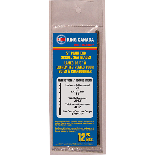 12 lames de scie &agrave; chantourner &agrave; dents invers&eacute;es, Coupe spirale, 0,043" la x 5" lo, 12 dents par pouce MAS Chibougamau